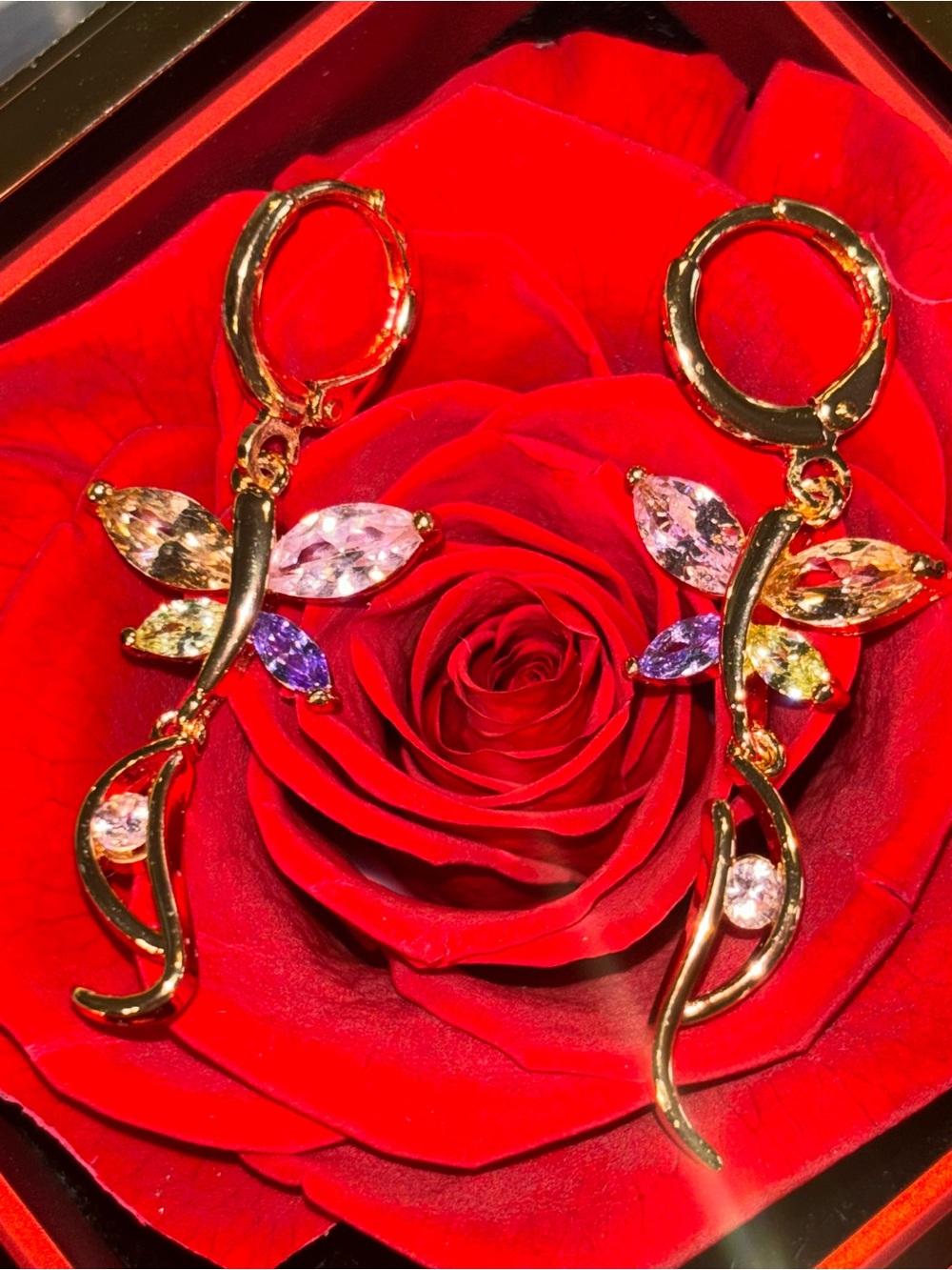 Gold Multi-Stone Dragonfly Dangle Earrings - Colorful Crystals